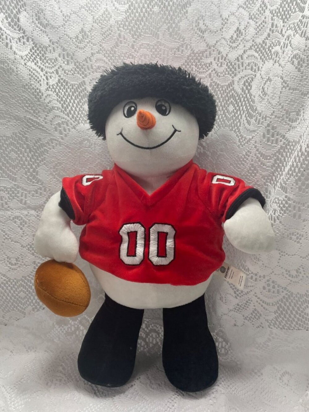 Snowman Plush Football Player Toy With Red Jersey & Football 15 Inches Tall Soft